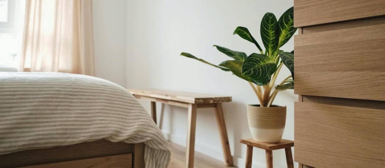 Chambre naturelle avec mobilier en bois massif Kipli et lumière douce propice au sommeil