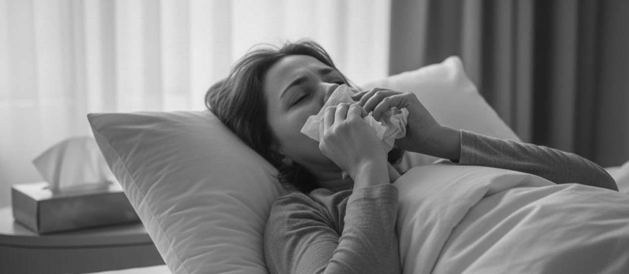 Femme allongée dans son lit tenant un mouchoir, symbole d’allergies liées à la qualité de l’air intérieur de la chambre