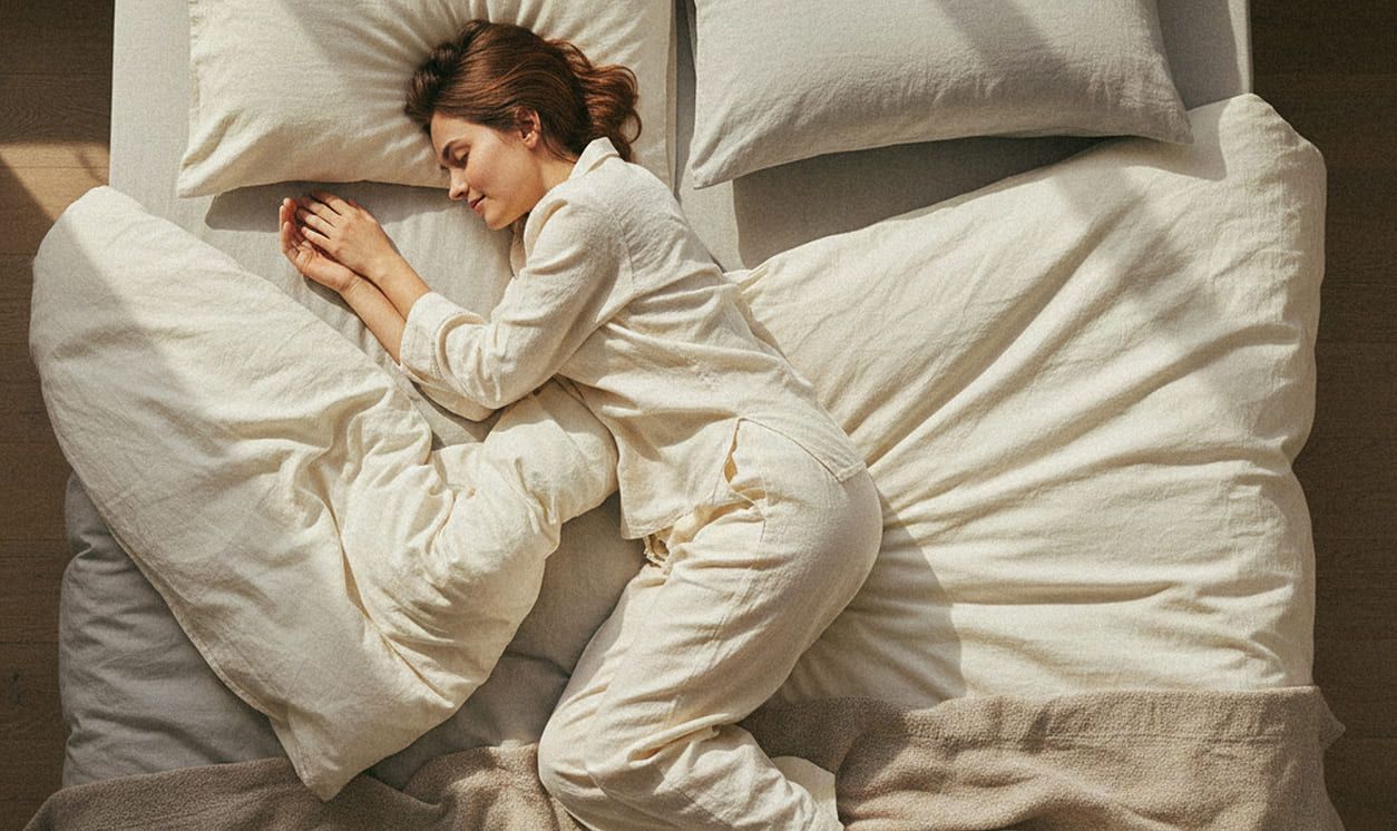 femme allongée sur le côté, genoux légèrement fléchis, illustrant une position de sommeil pour soulager une hernie discale