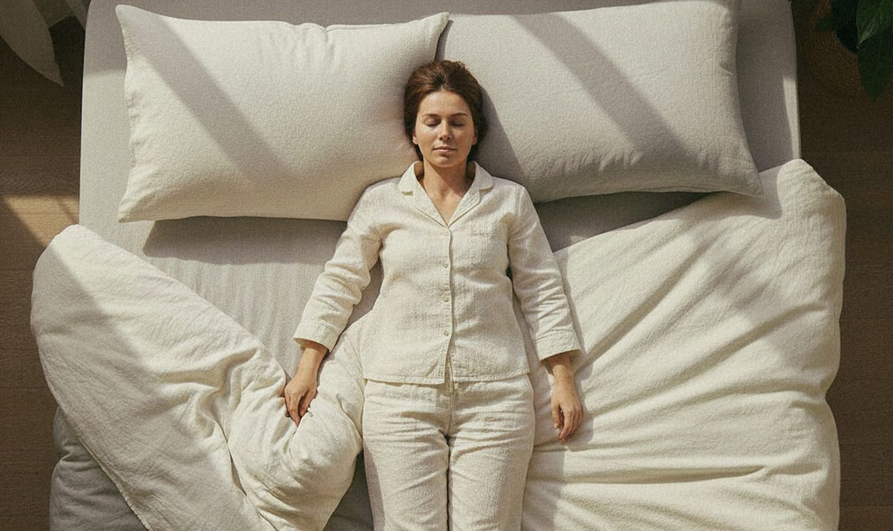 femme allongée sur le dos sur un lit, position neutre de la colonne vertébrale pour soulager une hernie discale