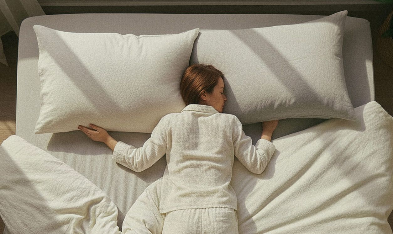 femme allongée sur le ventre sur un lit, nuque tournée sur le côté, illustrant une position de sommeil peu recommandée en cas de hernie discale