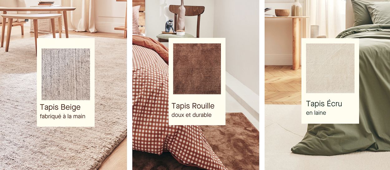 Trois tapis de la collection 7 A.M de Kipli – Éveil, Bonjour et Rêverie – disposés dans des chambres lumineuses, illustrant différentes matières et teintes pour accompagner les premiers pas du matin.