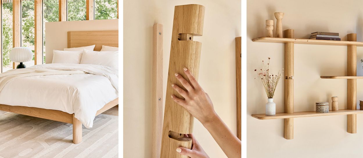 Triptyque : lit BAOBAB en chêne massif, détail d’assemblage, et étagères murales BAOBAB en chêne massif