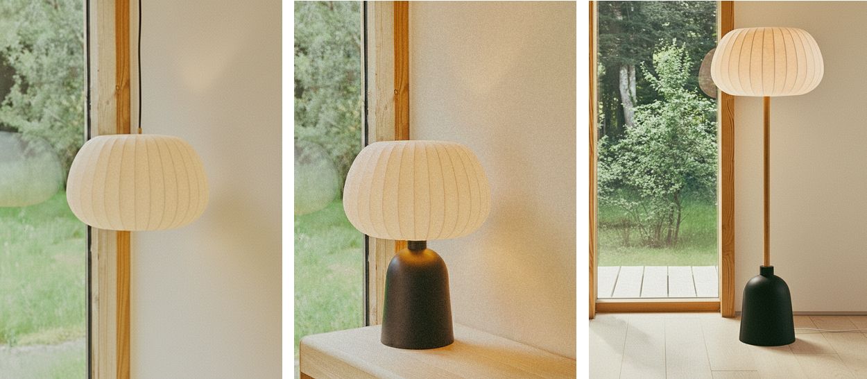 Triptyque de luminaires HIKARI Kipli : suspension, lampe à poser et lampadaire diffusant une lumière douce et apaisante, entre céramique et chêne massif.