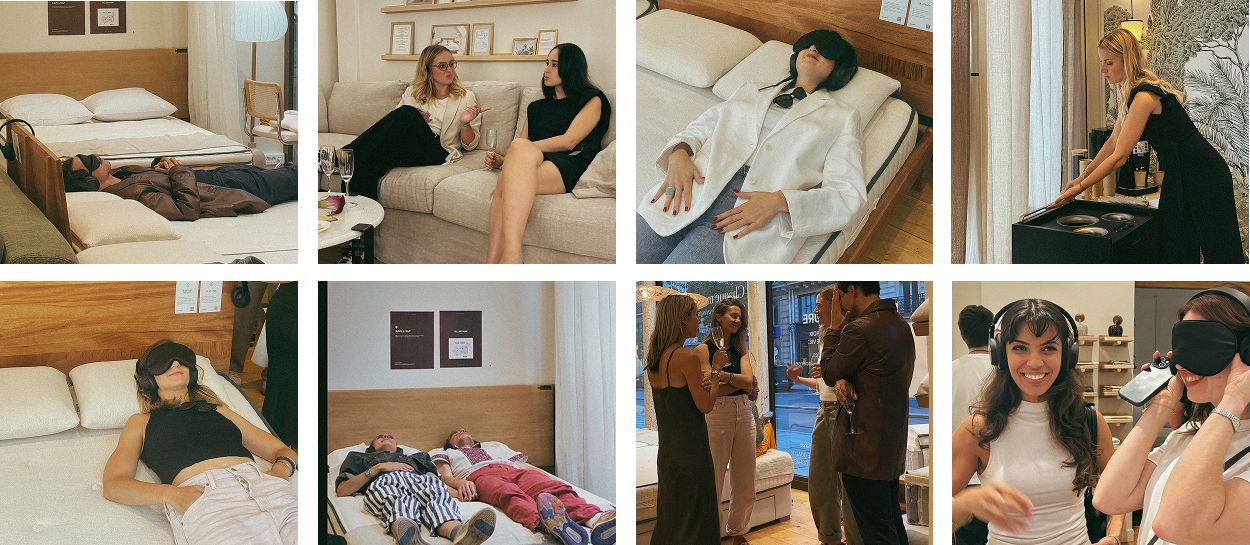 Moments de la Paris Design Week 2025 dans la boutique Kipli : visiteurs allongés sur des lits, échanges autour des matières, temps de pause et d’essai dans une atmosphère calme et lumineuse.