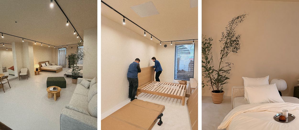 Espaces Kipli en France : showroom parisien et boutique de Bordeaux, avec lits et canapés installés dans des lieux calmes où l’on peut toucher les matières, essayer les assises et prendre le temps de ressentir le confort.