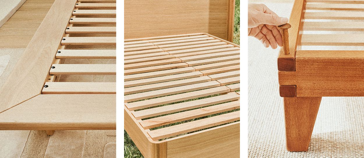 Détails d’un sommier à lattes et d’un assemblage de lit en bois massif illustrant la solidité et la durabilité de la structure