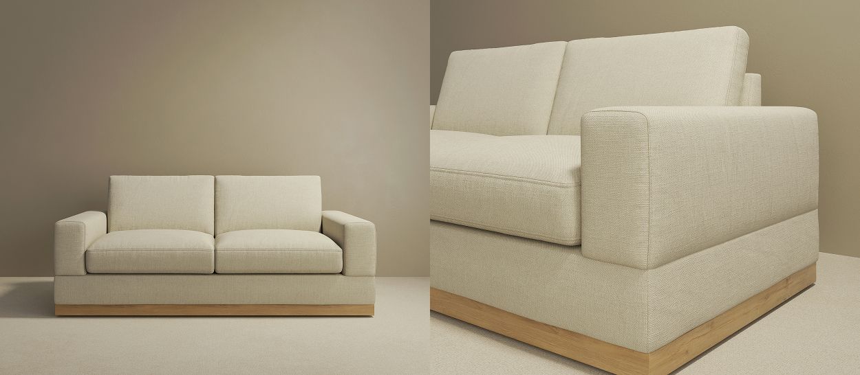 Canapé Delio, socle plinthe frêne massif et accoudoirs affinés, tissu lin naturel