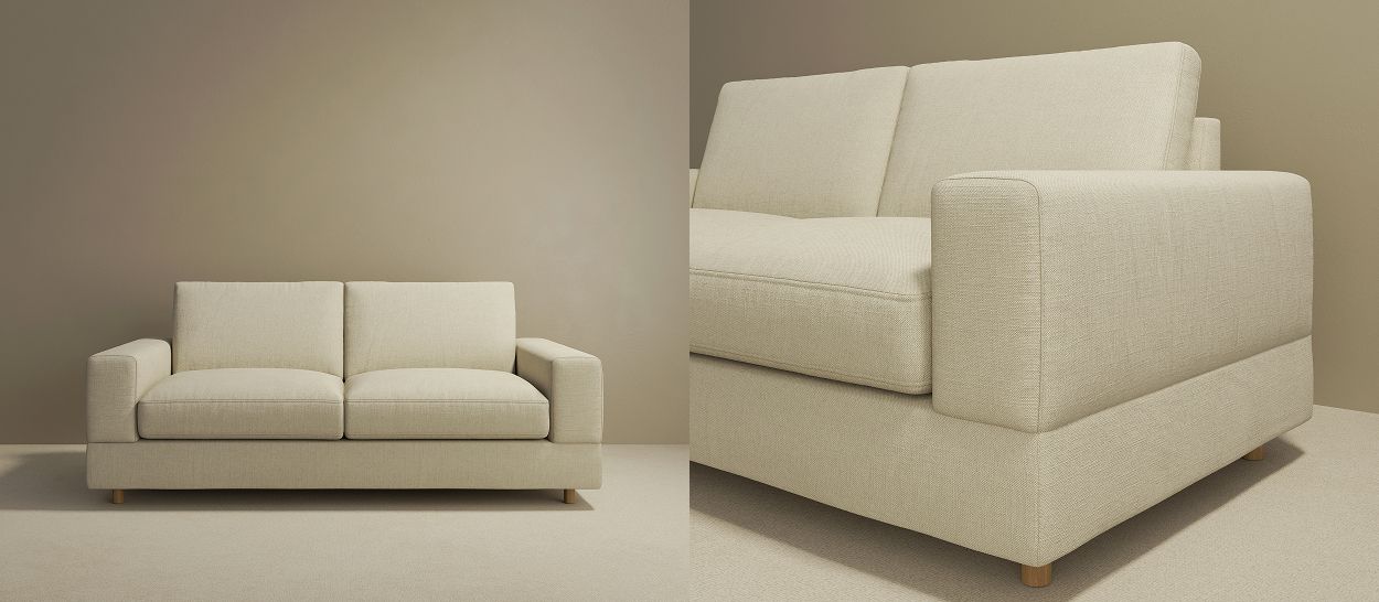 Canapé Lento sur pieds cylindriques bois, détail tissu lin texturé écru