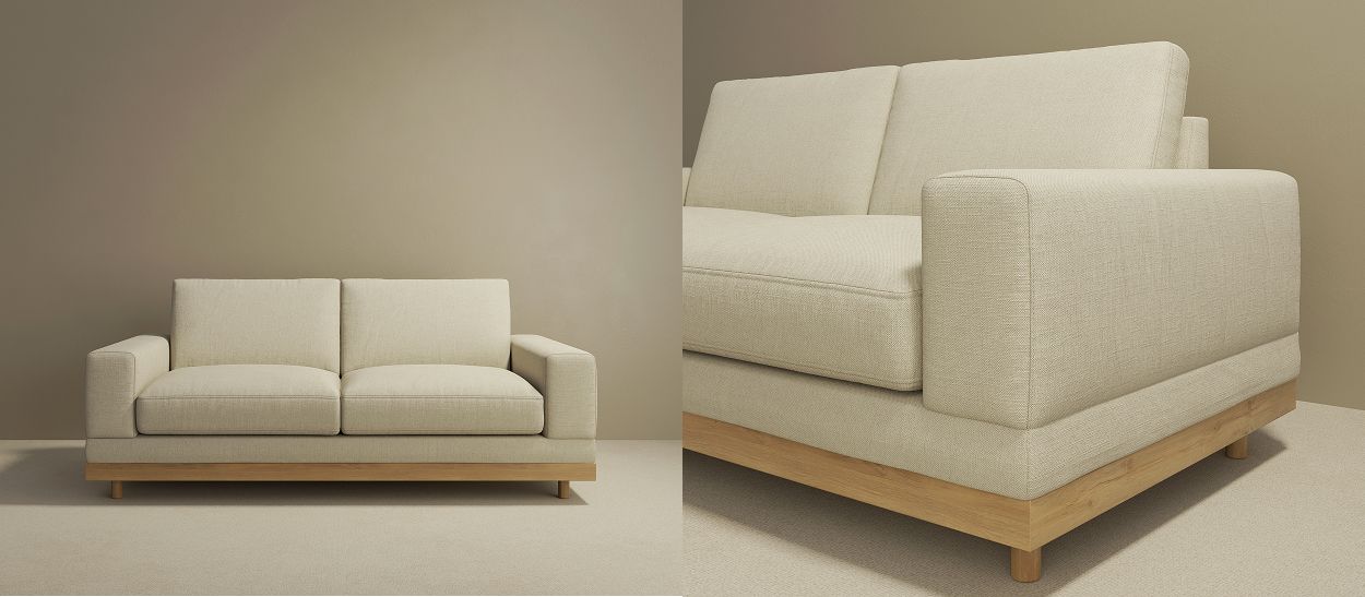 Canapé Moro, socle frêne sur pieds et larges accoudoirs enveloppants, tissu lin écru