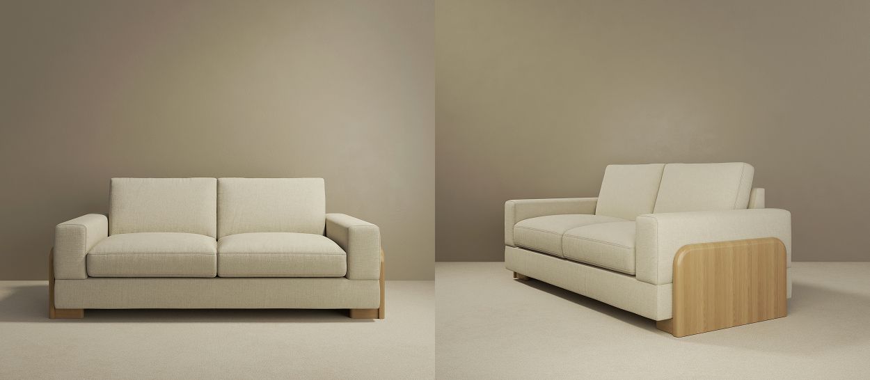 Canapé Sato, larges flancs latéraux en bois massif arrondi, tissu coton écru
