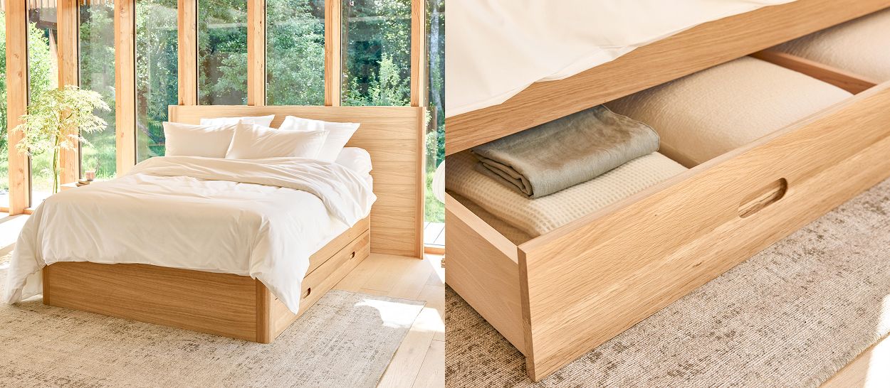 Lit tiroir NÉNUPHAR en chêne massif, tiroir ouvert avec linge plié rangé