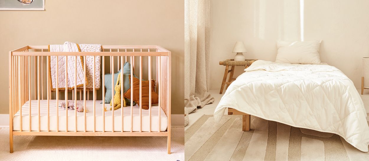 Lit barreaux bois avec matelas bébé latex naturel et couette coton biologique Kipli