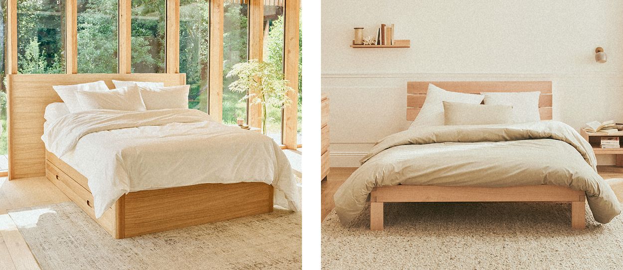 Deux lits en bois massif dans des chambres lumineuses illustrant la durabilité et la longévité d’un cadre de lit conçu pour durer