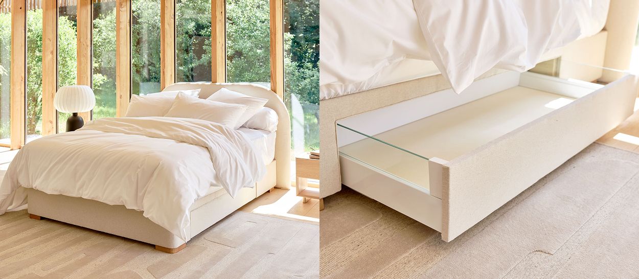 Sommier tapissier LE LAC en lin écru, tiroir de rangement ouvert, pieds bois massif