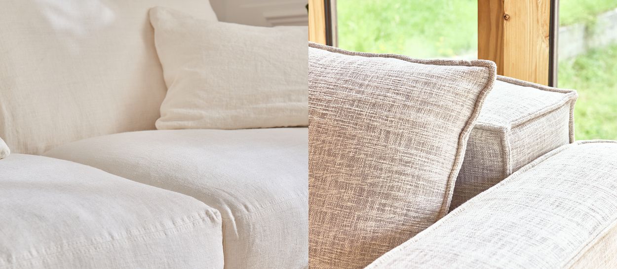 Comparaison canapés PALM et FOLIA : lin blanc et coton beige texturé, tissus naturels durables