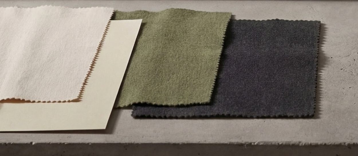 Trois échantillons de tissu naturel écru, vert et gris, revêtement canapé déhoussable Kipli