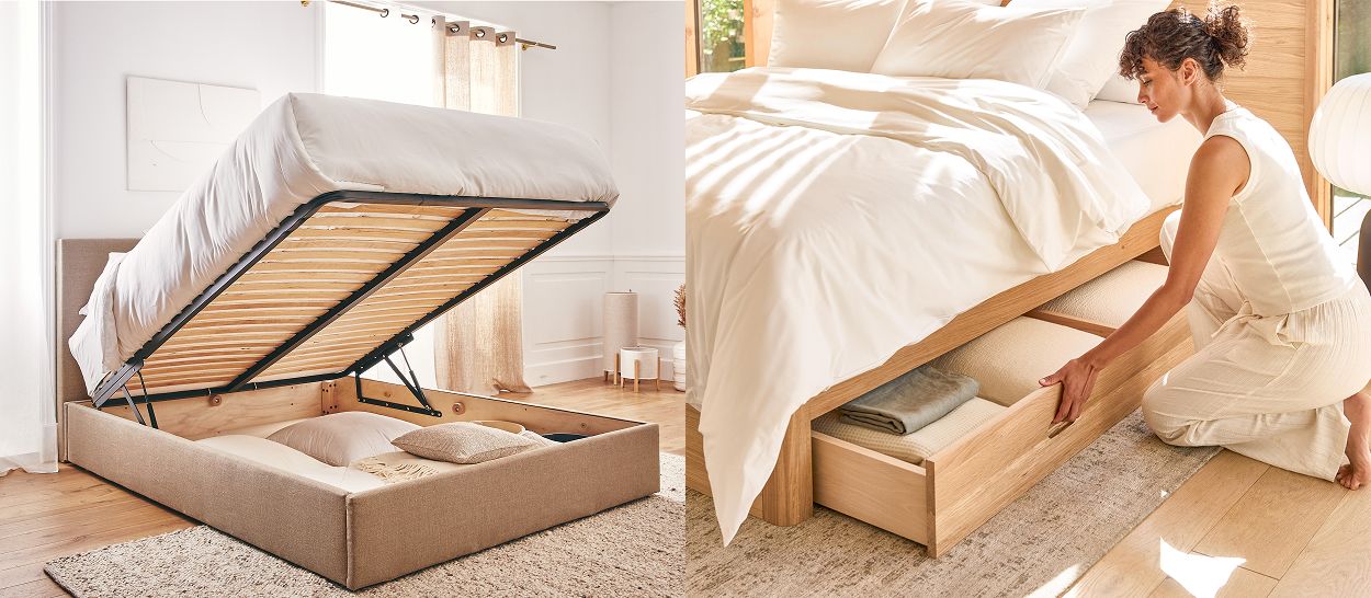 Lit coffre ouvert par le dessus et lit tiroir en chêne massif, comparaison rangement chambre