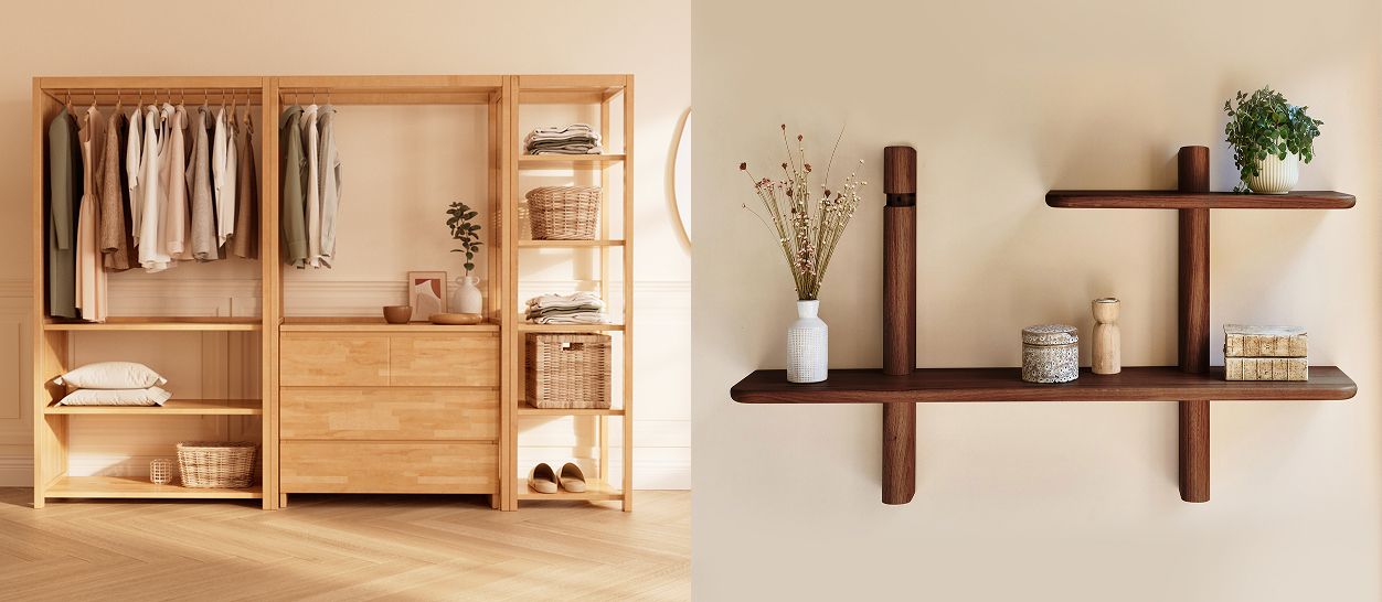 Dressing ouvert bois clair et étagère murale bois foncé, rangement vertical petite chambre