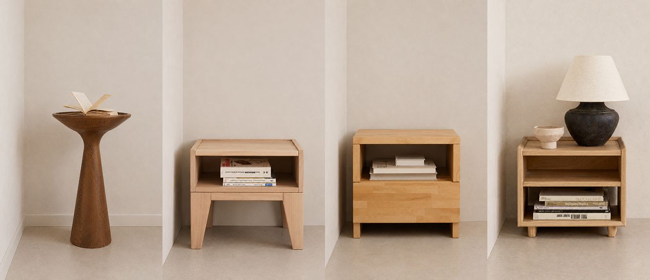 Quatre modèles table de chevet montrant variation styles esthétiques bois massif et configurations rangement