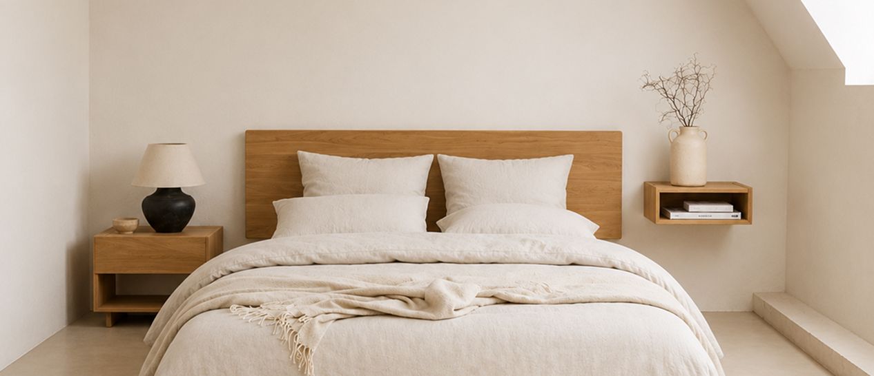 Chambre avec lit bois et deux modèles table de chevet montrant dimensions appropriées et hauteur par rapport au matelas