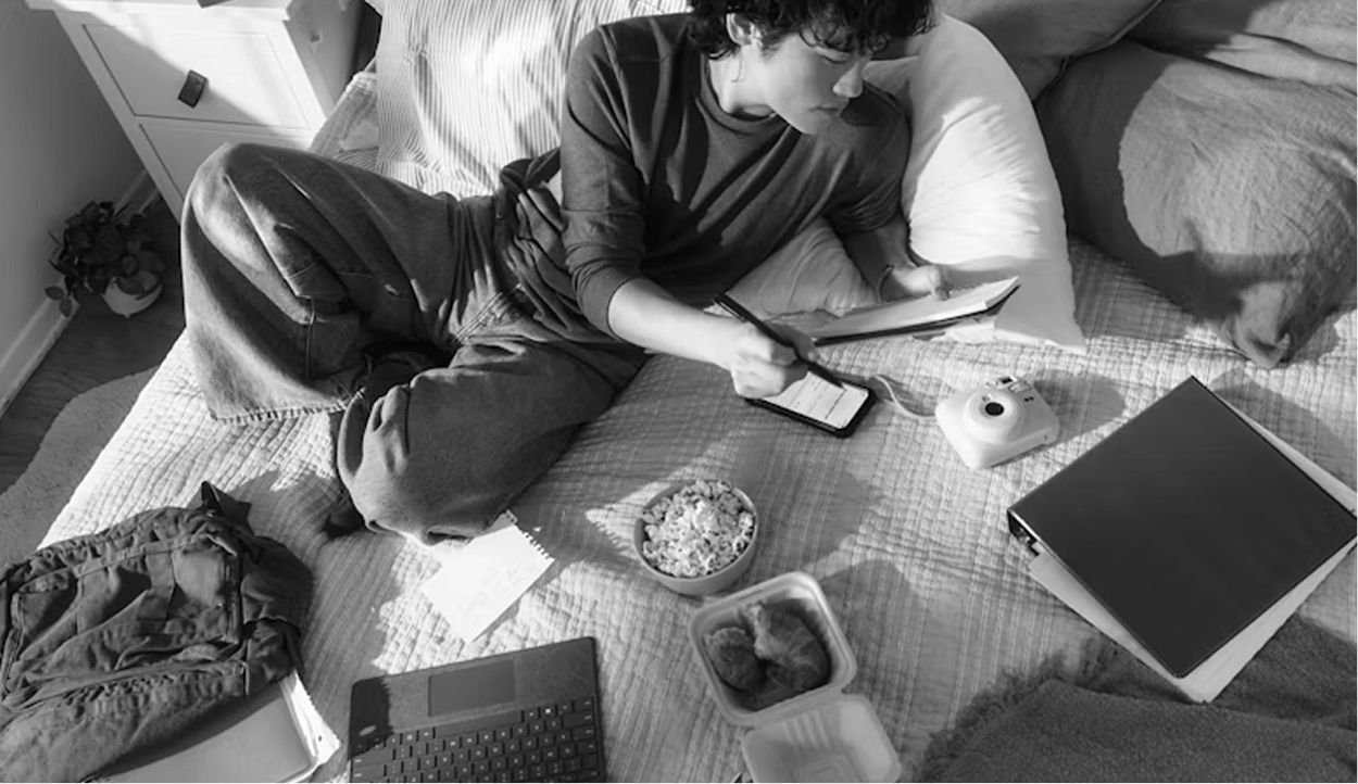 Personne travaillant sur son lit avec ordinateur, téléphone et documents, illustrant l'absence de frontière entre espace de travail et chambre à coucher en télétravail