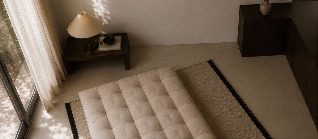 Vue aérienne futon posé sur tatami dans petit espace minimaliste, montrant l'espace d'aération et l'importance de retourner régulièrement le futon pour son entretien et sa durabilité