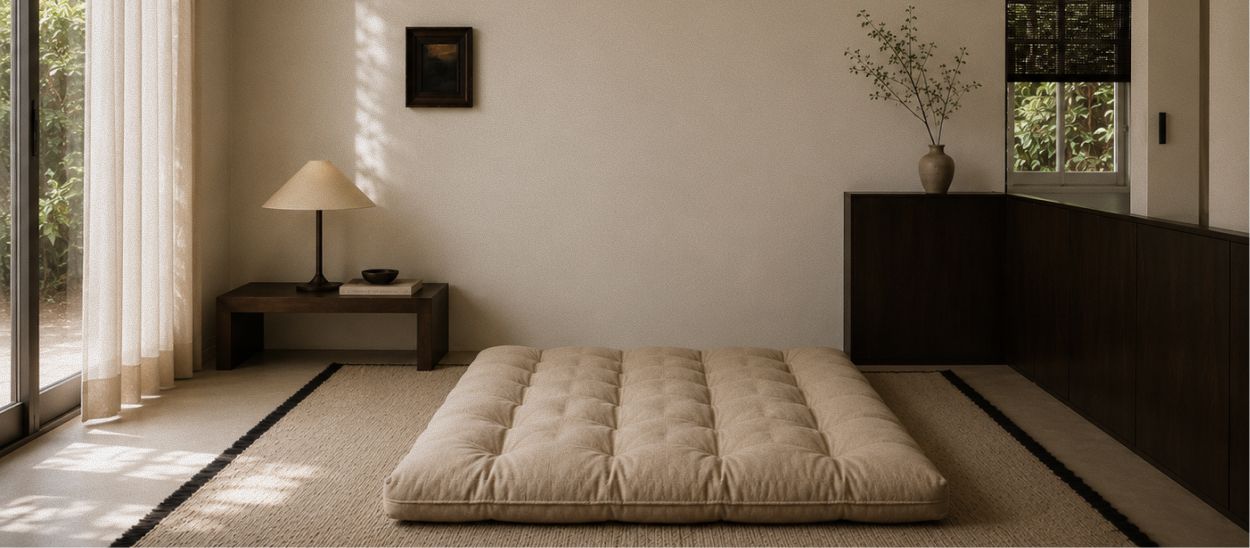 Futon posé au sol dans un petit espace minimaliste avec tatami, illustrant le style japonais authentique et le confort du futon pour un usage quotidien dans un petit appartement