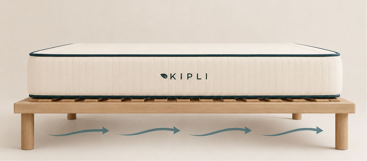 Un matelas Kipli posé sur un sommier à lattes, montrant la circulation de l'air en dessous.