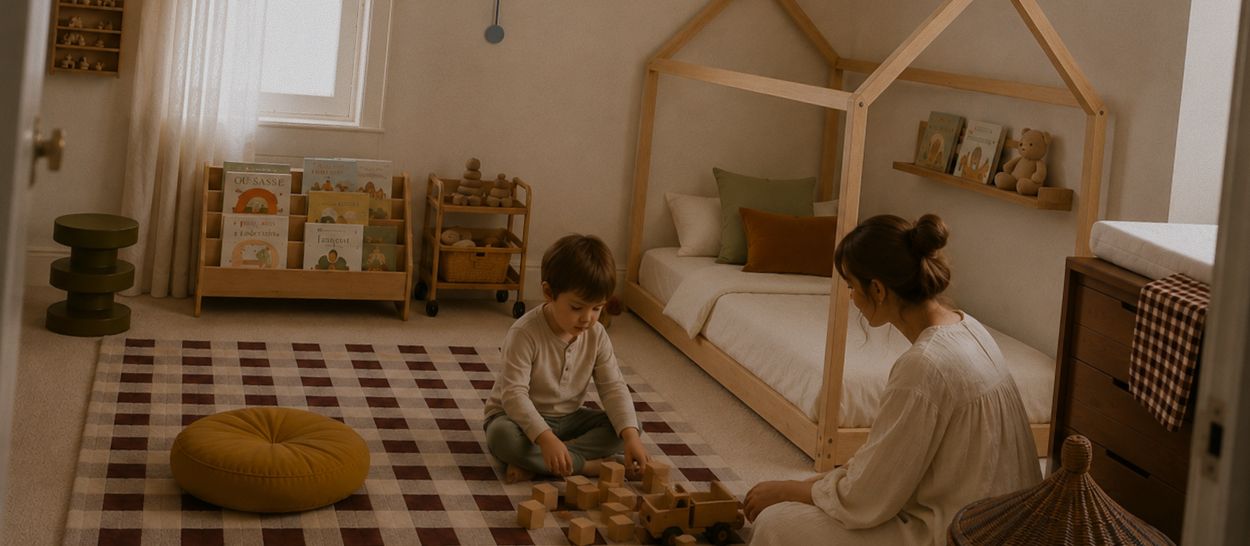 Parent et enfant jouant ensemble au sol dans une chambre Montessori organisée en zones