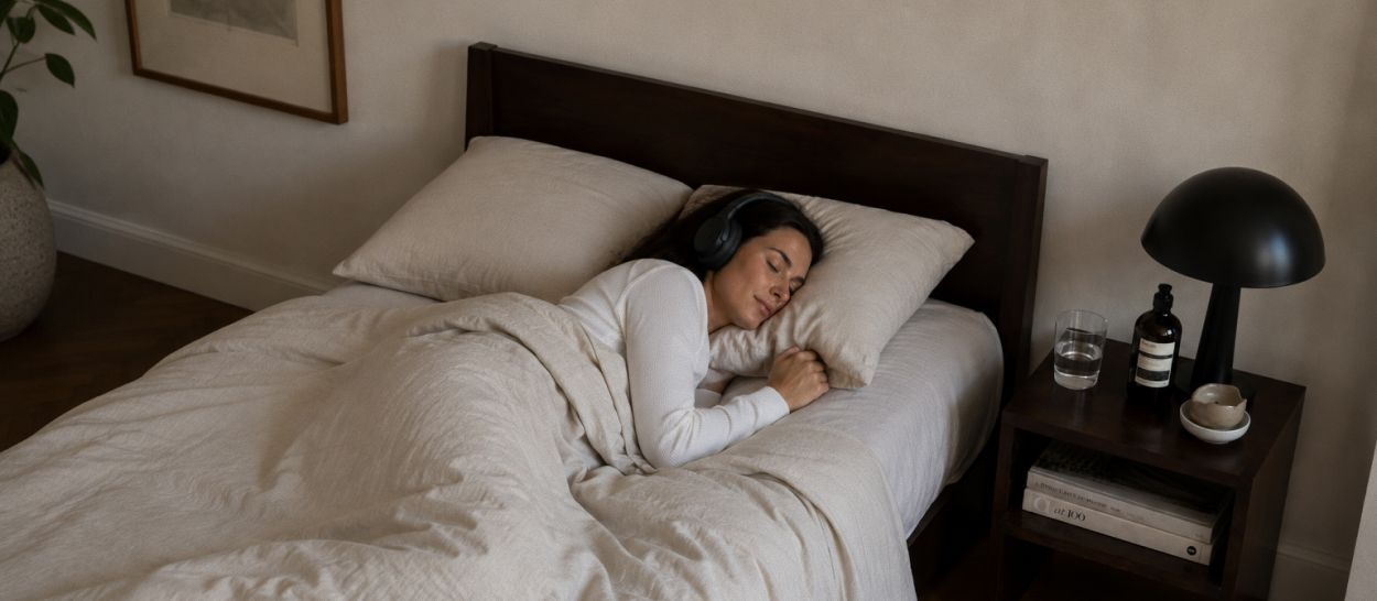 Femme dormant sereinement dans une chambre épurée sur une literie naturelle Kipli, casque audio aux oreilles, illustrant qu'un bon environnement de sommeil reste la base, le bruit blanc n'étant qu'un complément