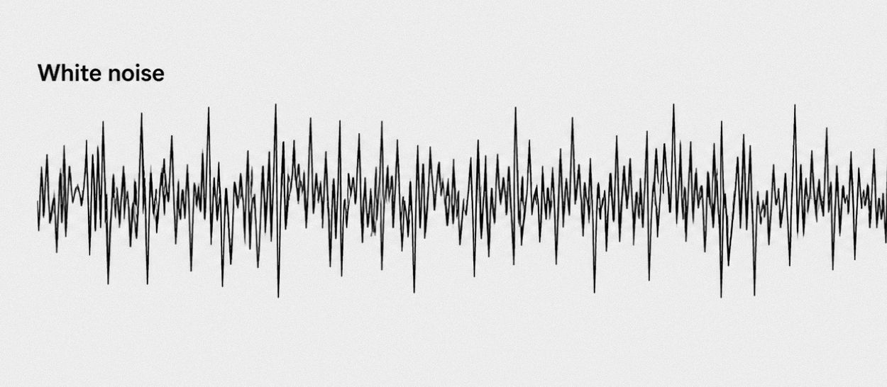 Représentation graphique d'une onde sonore de bruit blanc (white noise), illustrant le mélange régulier et continu de toutes les fréquences audibles