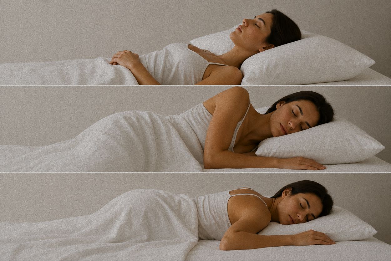 Comparatif en trois images d'une femme dormant sur le dos, sur le côté et sur le ventre, illustrant la hauteur d'oreiller adaptée à chaque position de sommeil pour garder la nuque alignée