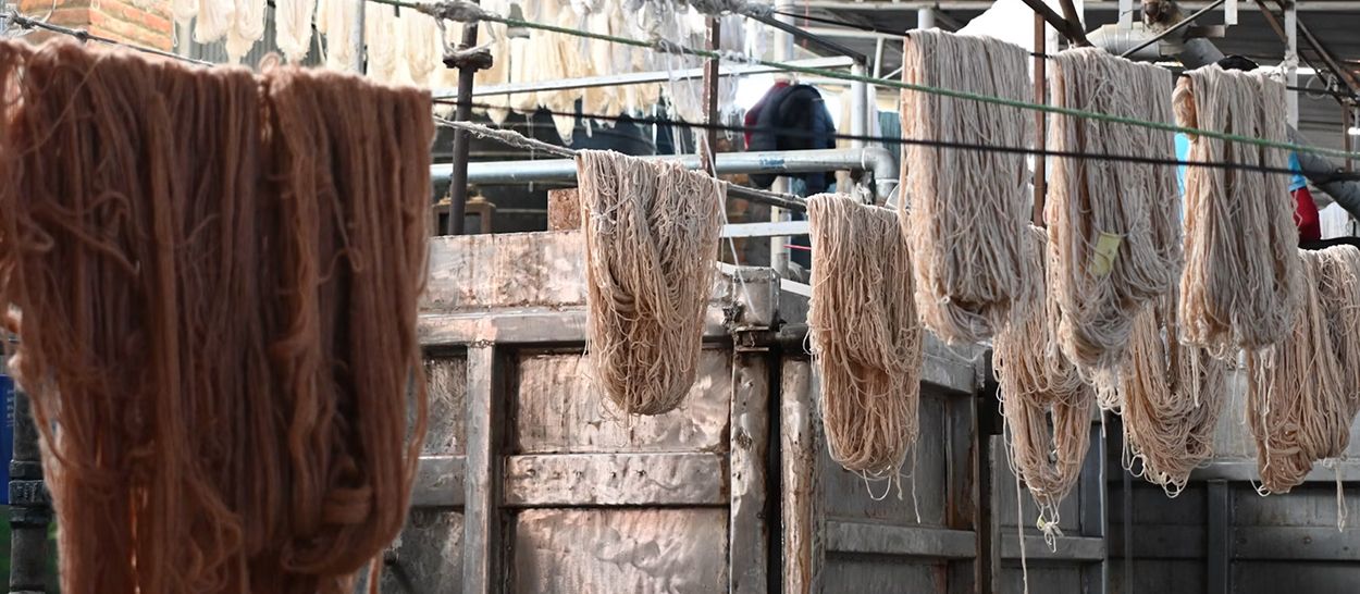 Écheveaux de laine suspendus pour sécher après un lavage à l'eau dans un atelier artisanal, illustrant le traitement naturel de la laine vierge, non traitée chimiquement, pour une literie saine