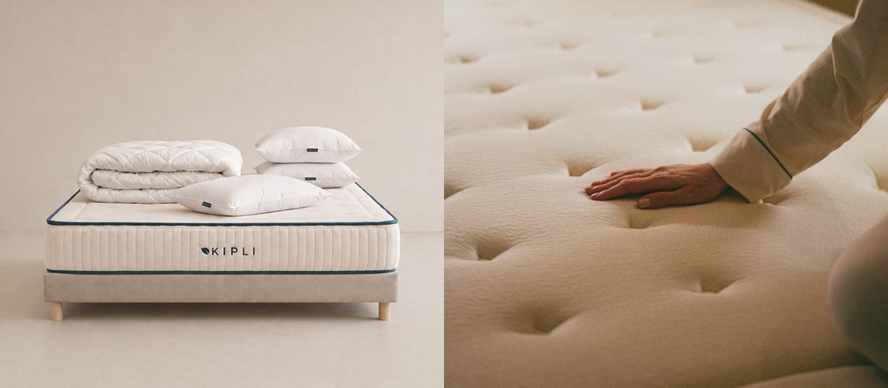 Matelas en latex naturel Kipli avec couette et oreillers, et gros plan sur une main pressant le coutil matelassé, illustrant la respirabilité et le confort ferme du latex naturel pour des nuits plus fraîches à la ménopause