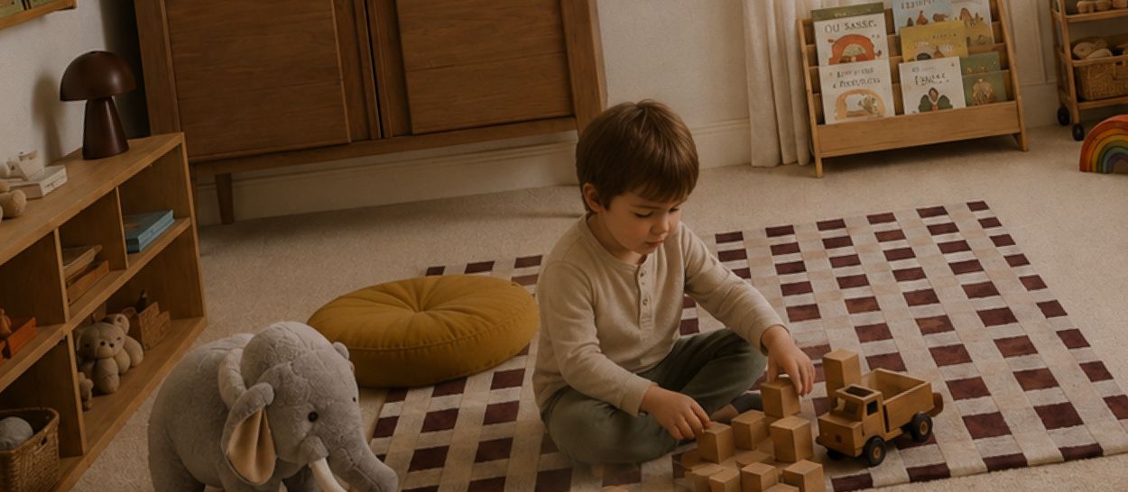 Jeune enfant jouant seul avec des cubes et un camion en bois sur un tapis au sol dans une chambre Montessori